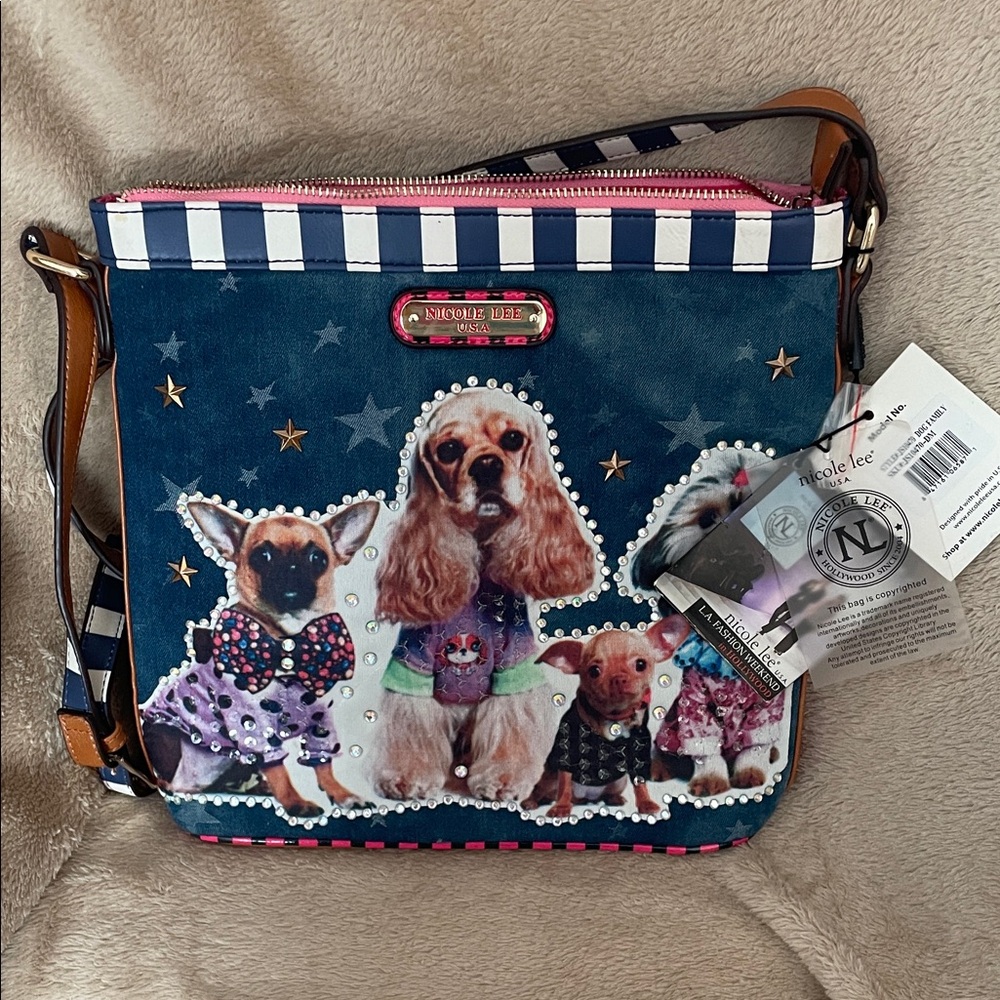 Nicole Lee Navy Dog Print Crossbody Bag with Pink Trim & Stripes